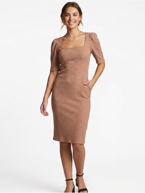 GAP Ribbed Square-Neck Midi Dress in Taupe